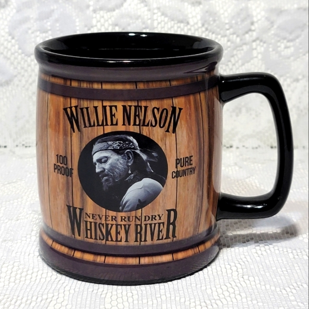 Willie Nelson Black Ceramic Coffee Mug 100 Proof Whiskey River Barrel Design